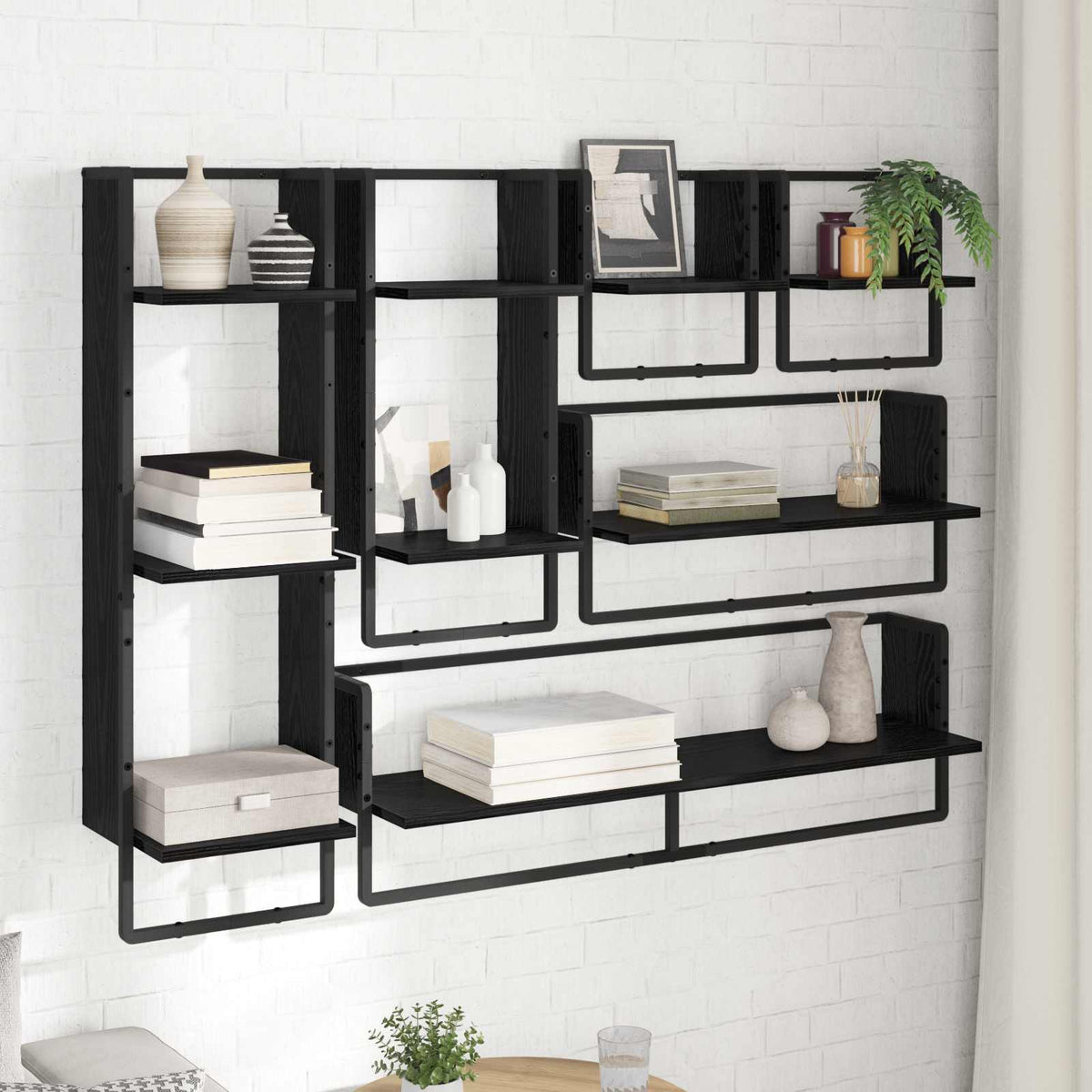 6 Piece Wall Shelf Set with Bars Engineered Wood Black oak