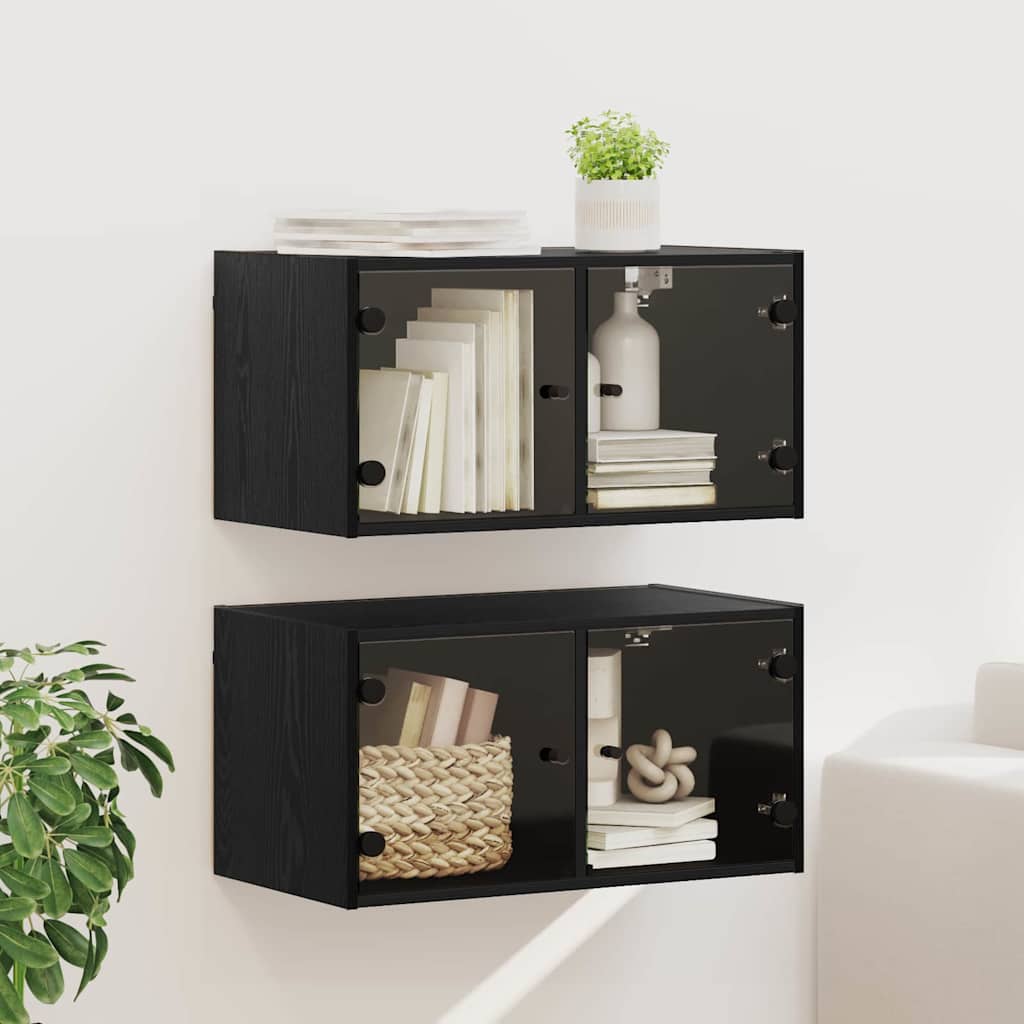 Wall Cabinet with Glass Doors 68,5x37x35 cm Black oak 2