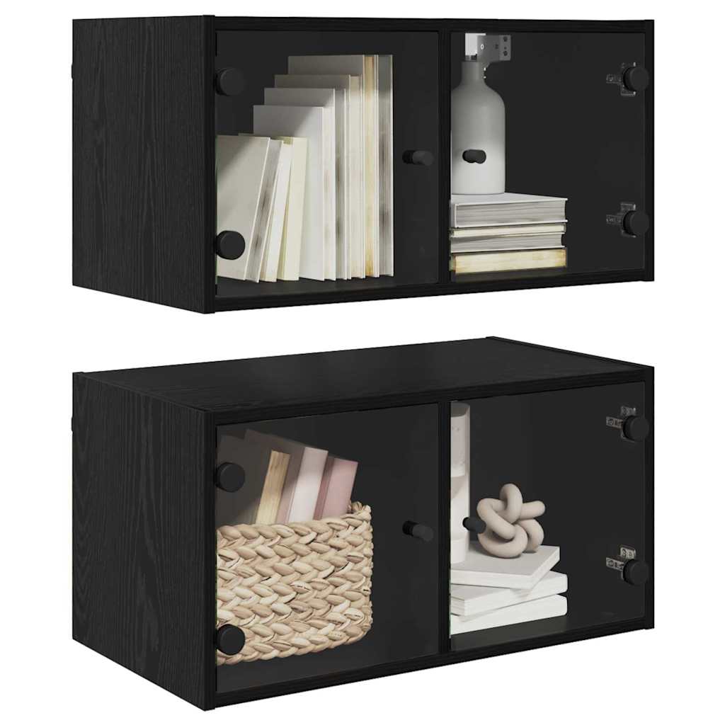Wall Cabinet with Glass Doors 68,5x37x35 cm Black oak 2