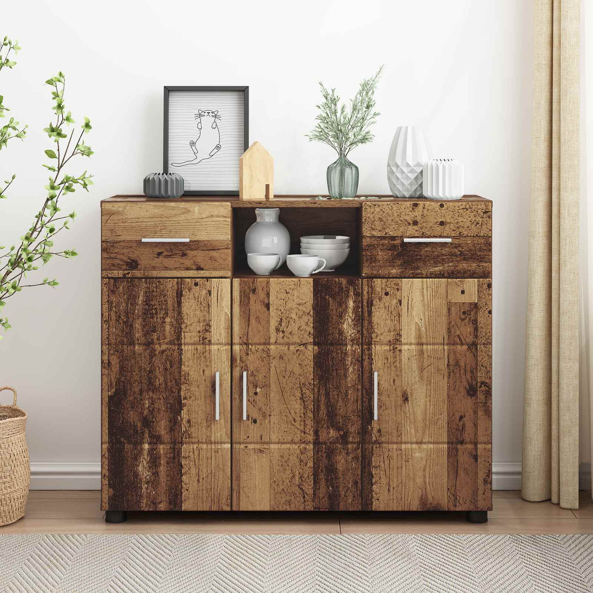TV Cabinet Set FLORIN 3 pcs 150 x 39 x 30 cm Old Wood Sideboard with 2 drawers 3 doors