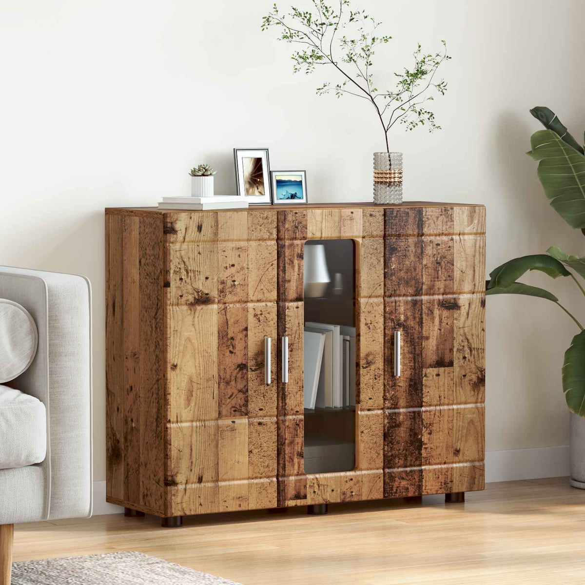 TV Cabinet Set FLORIN 3 pcs 150 x 39 x 30 cm Old Wood Sideboard with glass door