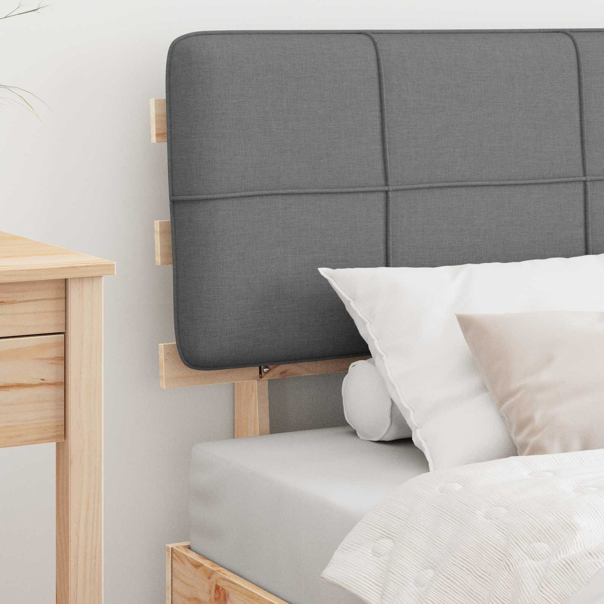 Bed Frame with Upholstered Headboard Length 190 cm Natural and Light Grey 90 cm