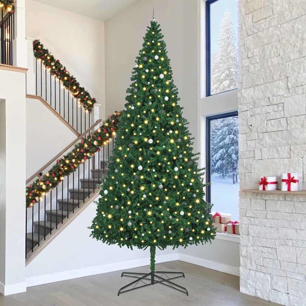 Christmas Tree with Decorative String Lights Green 400 cm PVC with leds &white/grey balls