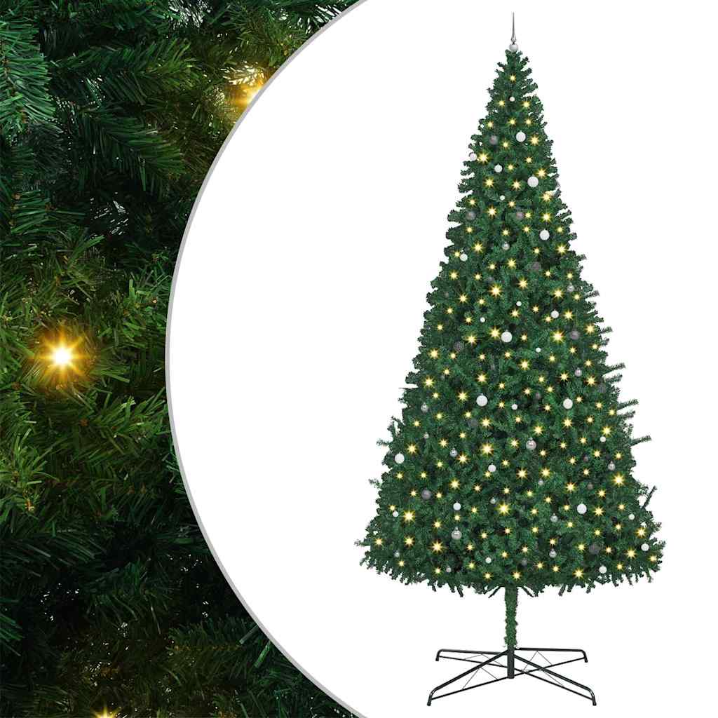 Christmas Tree with Decorative String Lights Green 400 cm PVC with leds &white/grey balls