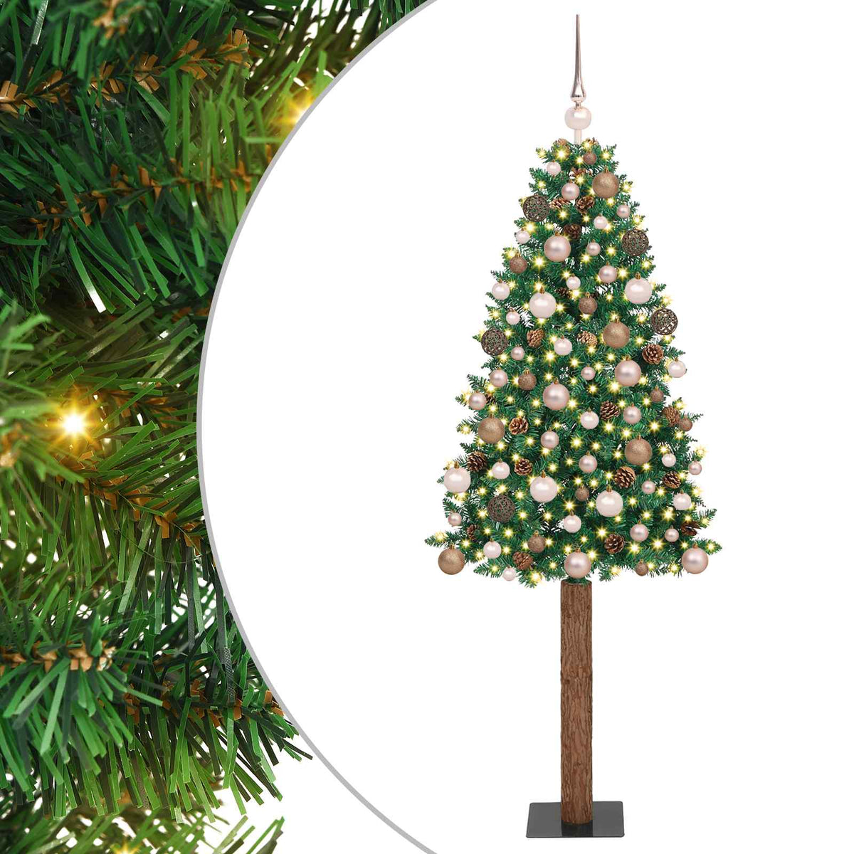 Slim Christmas Tree PVC and Solid Pine wood Green 180 cm with 120 rose gold balls