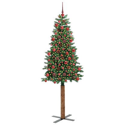Slim Christmas Tree PVC and Solid Pine wood Green 180 cm with 120 red balls