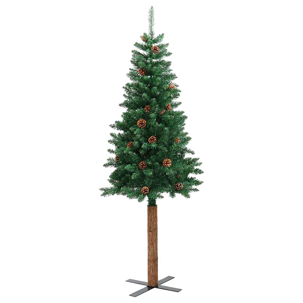 Slim Christmas Tree PVC and Solid Pine wood Green 180 cm with 120 red balls