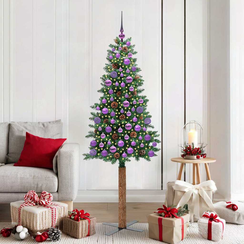 Slim Christmas Tree PVC and Solid Pine wood Green 180 cm with 120 lilac balls