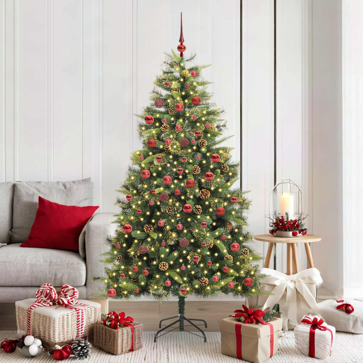 Artificial Hinged Christmas Tree with Cones Green 180 cm with LEDs&red balls