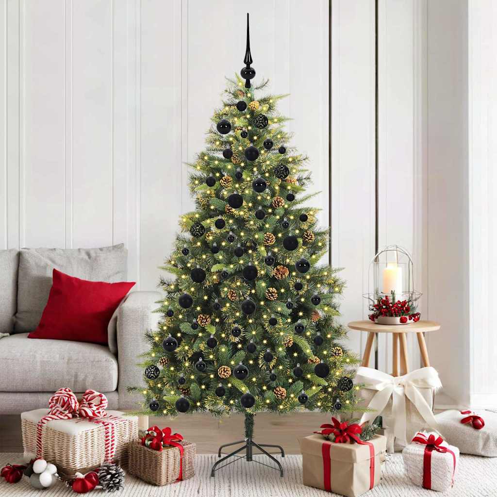 Artificial Hinged Christmas Tree with Cones Green 180 cm with LEDs&black balls