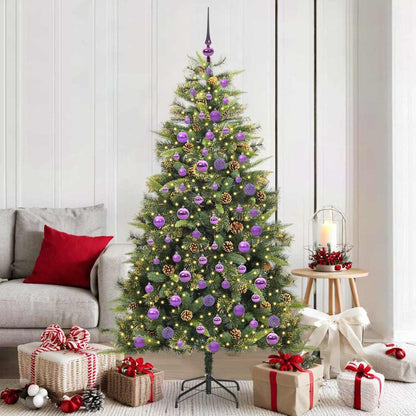 Artificial Hinged Christmas Tree with Cones Green 180 cm with LEDs&lilac balls