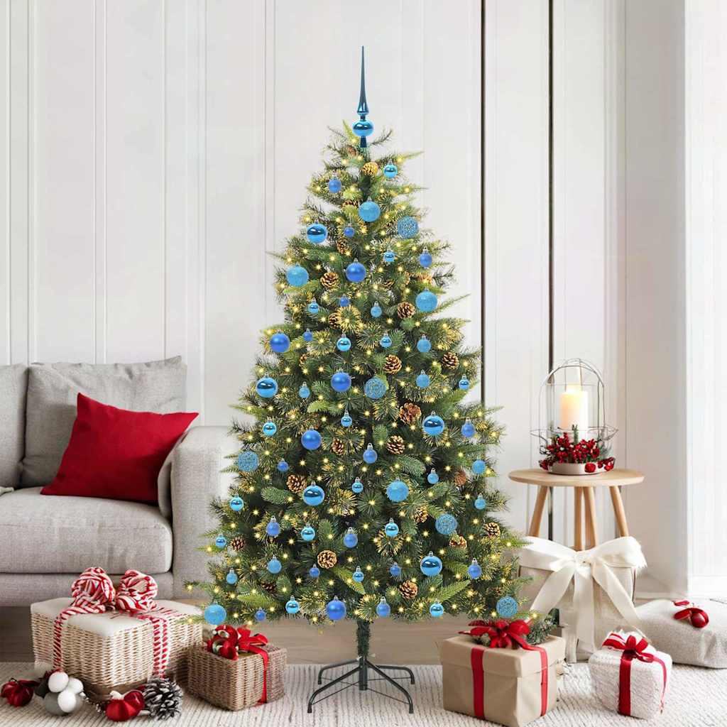 Artificial Hinged Christmas Tree with Cones Green 180 cm with LEDs&blue balls