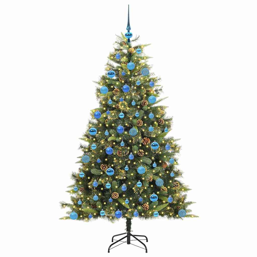 Artificial Hinged Christmas Tree with Cones Green 180 cm with LEDs&blue balls