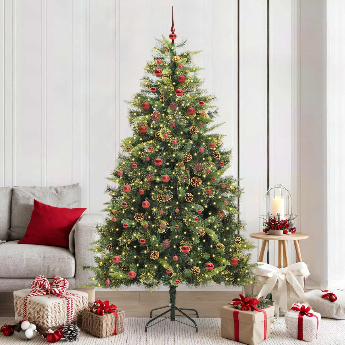 Artificial Hinged Christmas Tree with Cones Green 210 cm with LEDs&red balls
