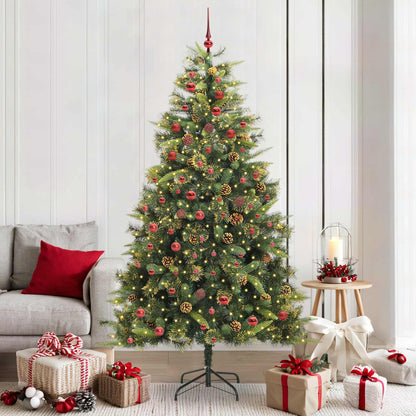 Artificial Hinged Christmas Tree with Cones Green 210 cm with LEDs&red balls