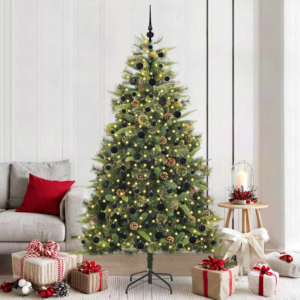 Artificial Hinged Christmas Tree with Cones Green 210 cm with LEDs&black balls
