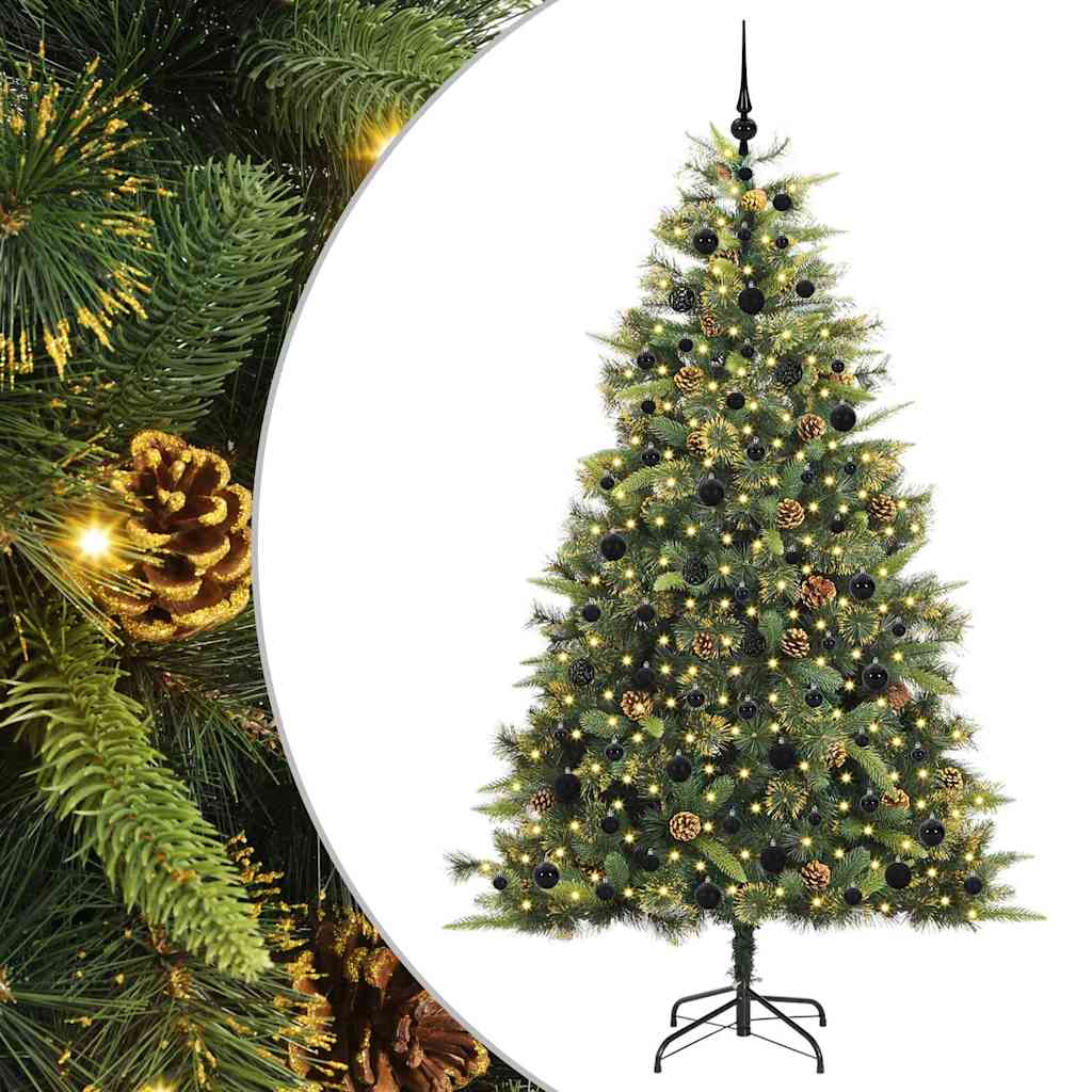 Artificial Hinged Christmas Tree with Cones Green 210 cm with LEDs&black balls