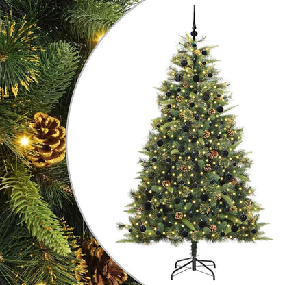 Artificial Hinged Christmas Tree with Cones Green 210 cm with LEDs&black balls