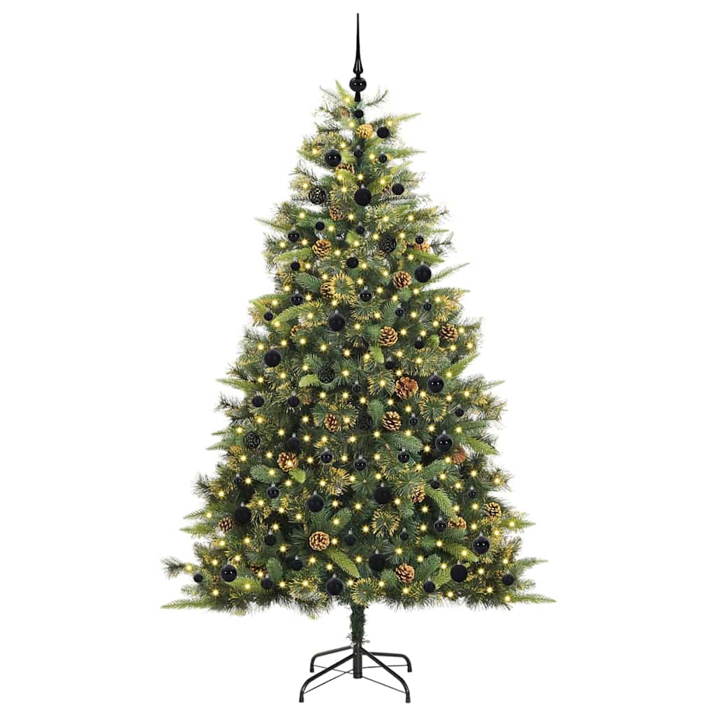 Artificial Hinged Christmas Tree with Cones Green 210 cm with LEDs&black balls