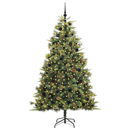 Artificial Hinged Christmas Tree with Cones Green 210 cm with LEDs&black balls