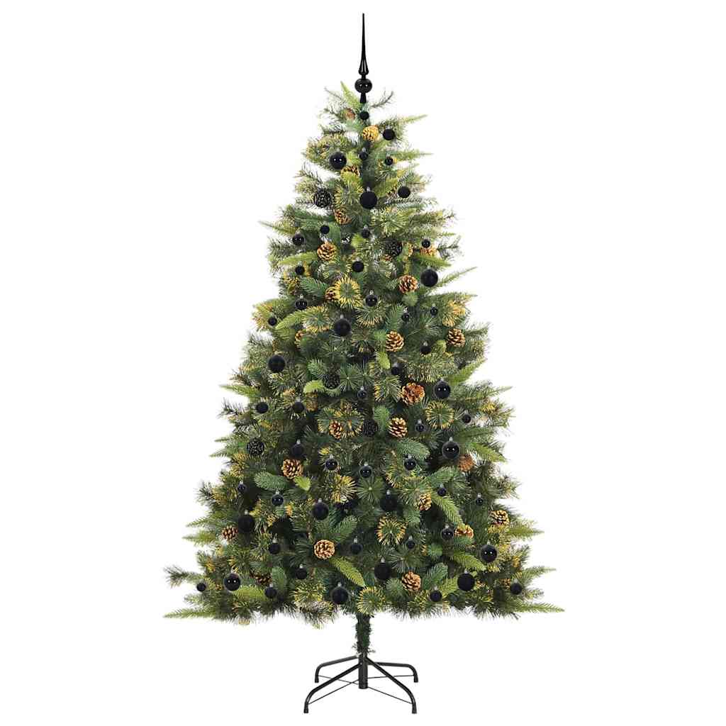 Artificial Hinged Christmas Tree with Cones Green 210 cm with LEDs&black balls