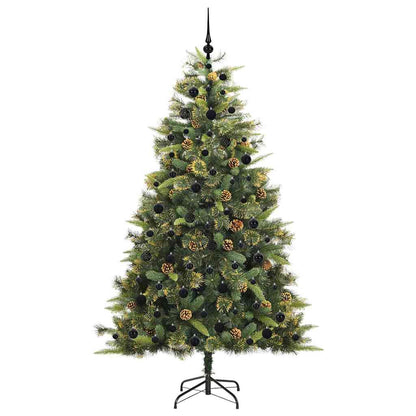 Artificial Hinged Christmas Tree with Cones Green 210 cm with LEDs&black balls