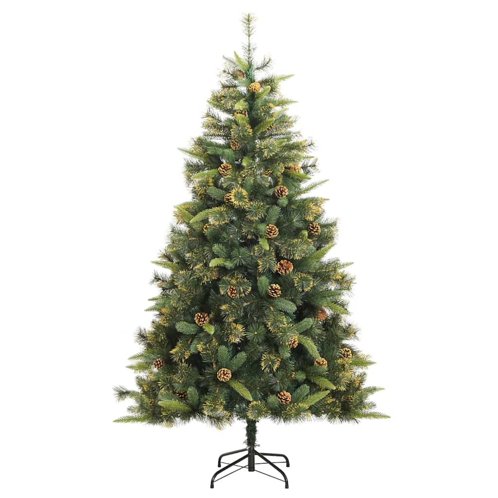 Artificial Hinged Christmas Tree with Cones Green 210 cm with LEDs&black balls