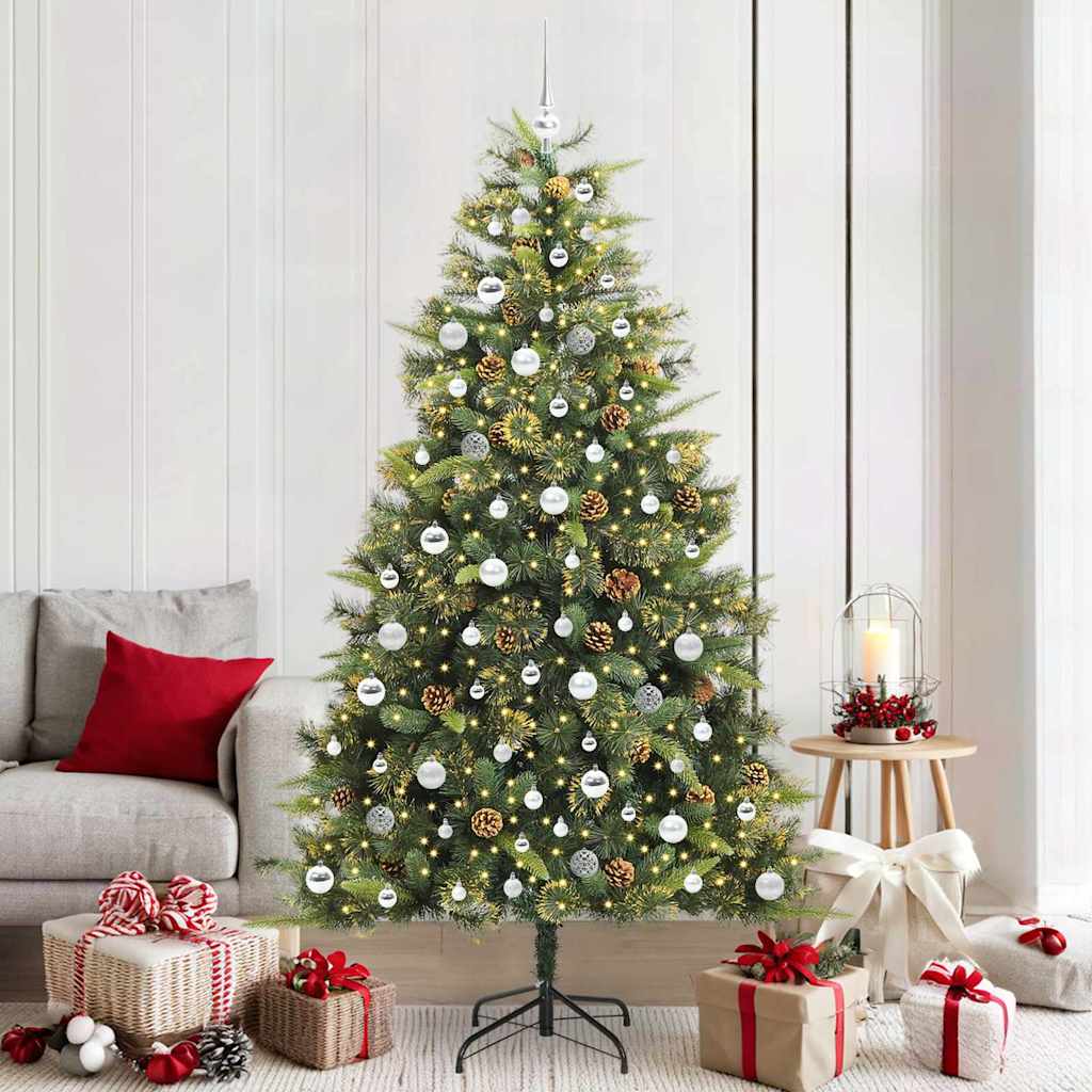 Artificial Hinged Christmas Tree with Cones Green 210 cm with LEDs&silver balls