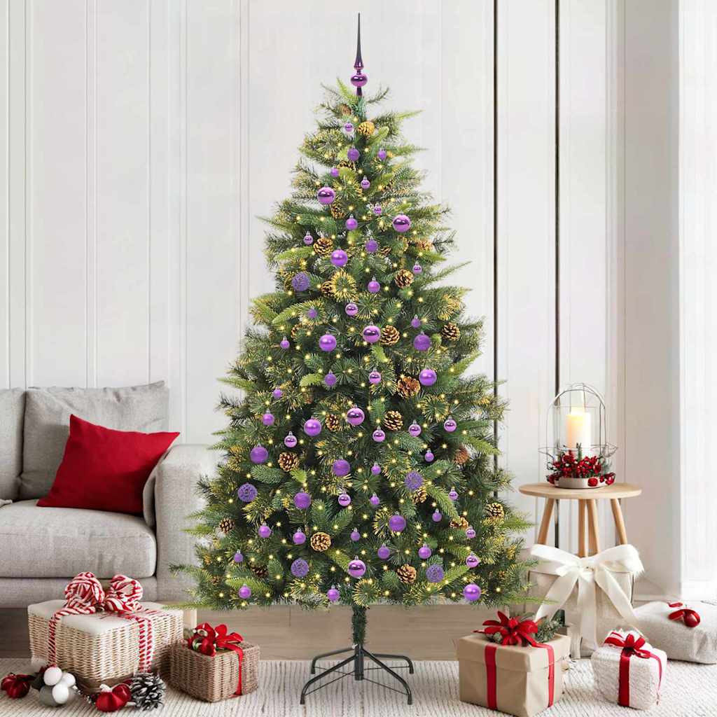 Artificial Hinged Christmas Tree with Cones Green 210 cm with LEDs&lilac balls
