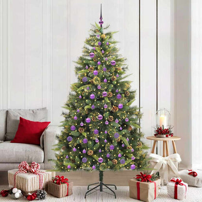 Artificial Hinged Christmas Tree with Cones Green 210 cm with LEDs&lilac balls