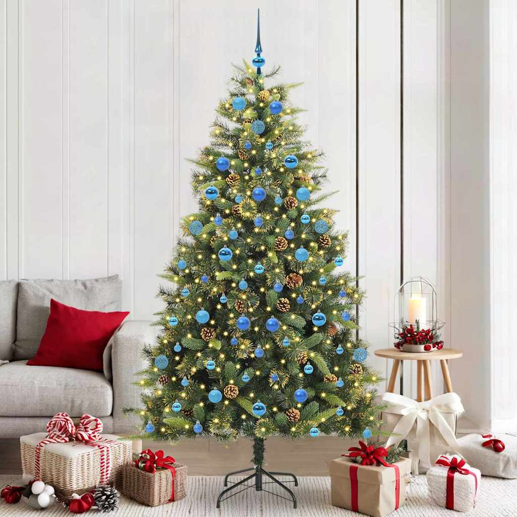 Artificial Hinged Christmas Tree with Cones Green 210 cm with LEDs&blue balls