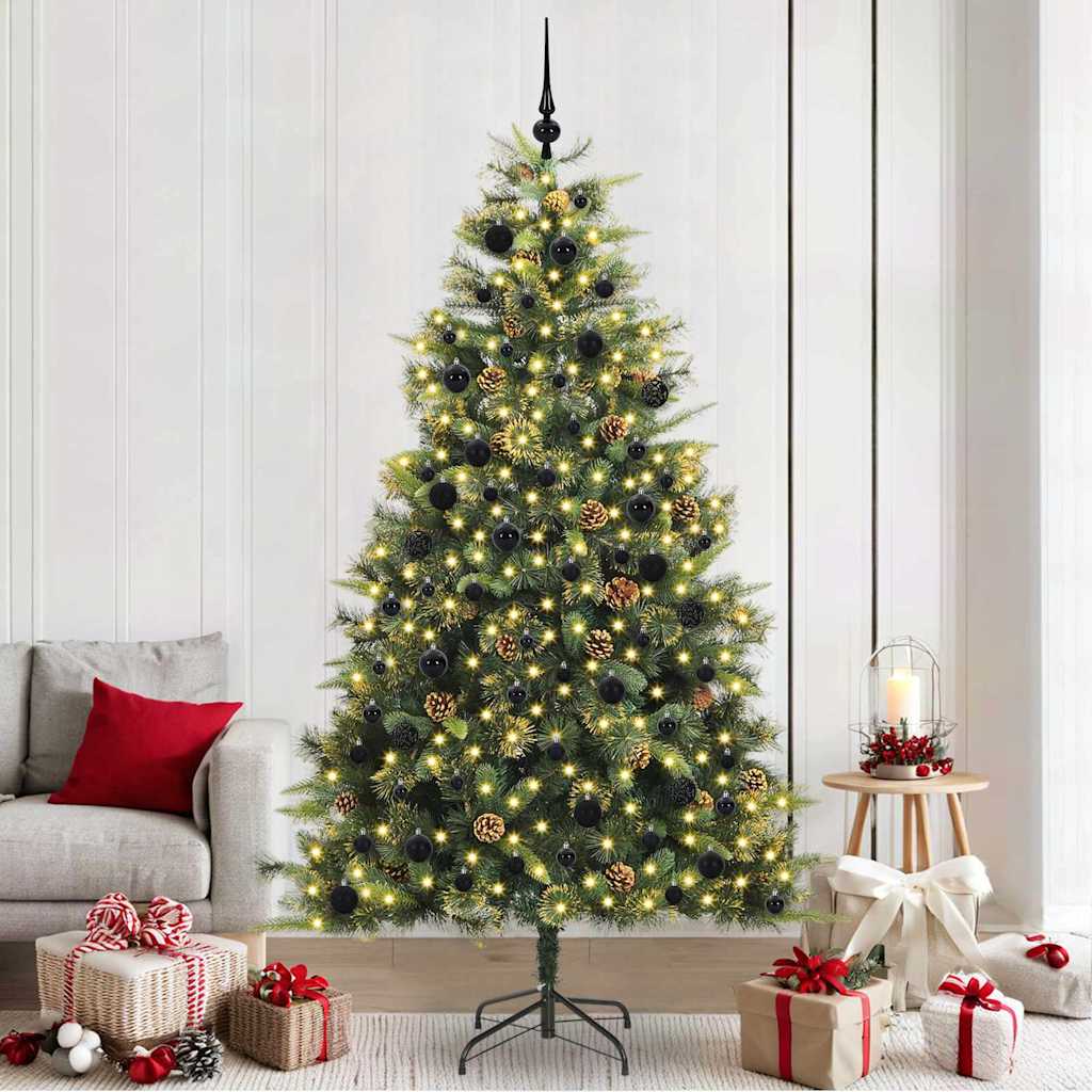 Artificial Hinged Christmas Tree with Cones Green 240 cm with LEDs&black balls