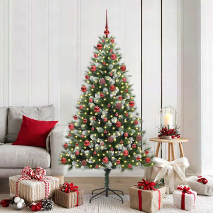 Artificial Hinged Christmas Tree with Flocked Snow 300 LEDs 180 cm with LEDs&red balls