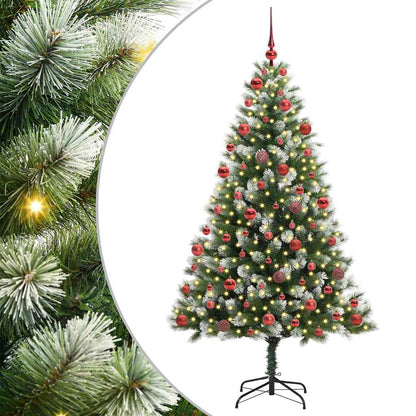 Artificial Hinged Christmas Tree with Flocked Snow 300 LEDs 180 cm with LEDs&red balls