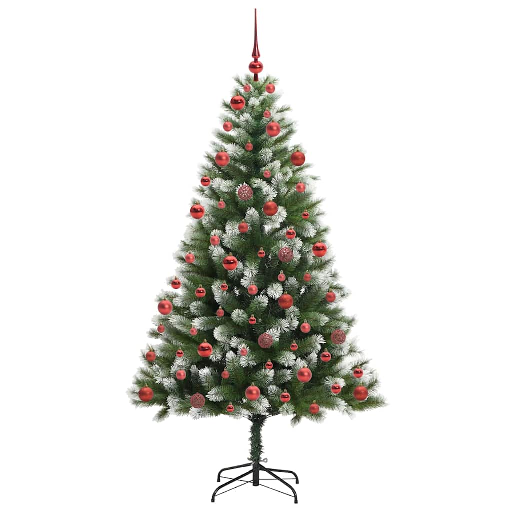 Artificial Hinged Christmas Tree with Flocked Snow 300 LEDs 180 cm with LEDs&red balls