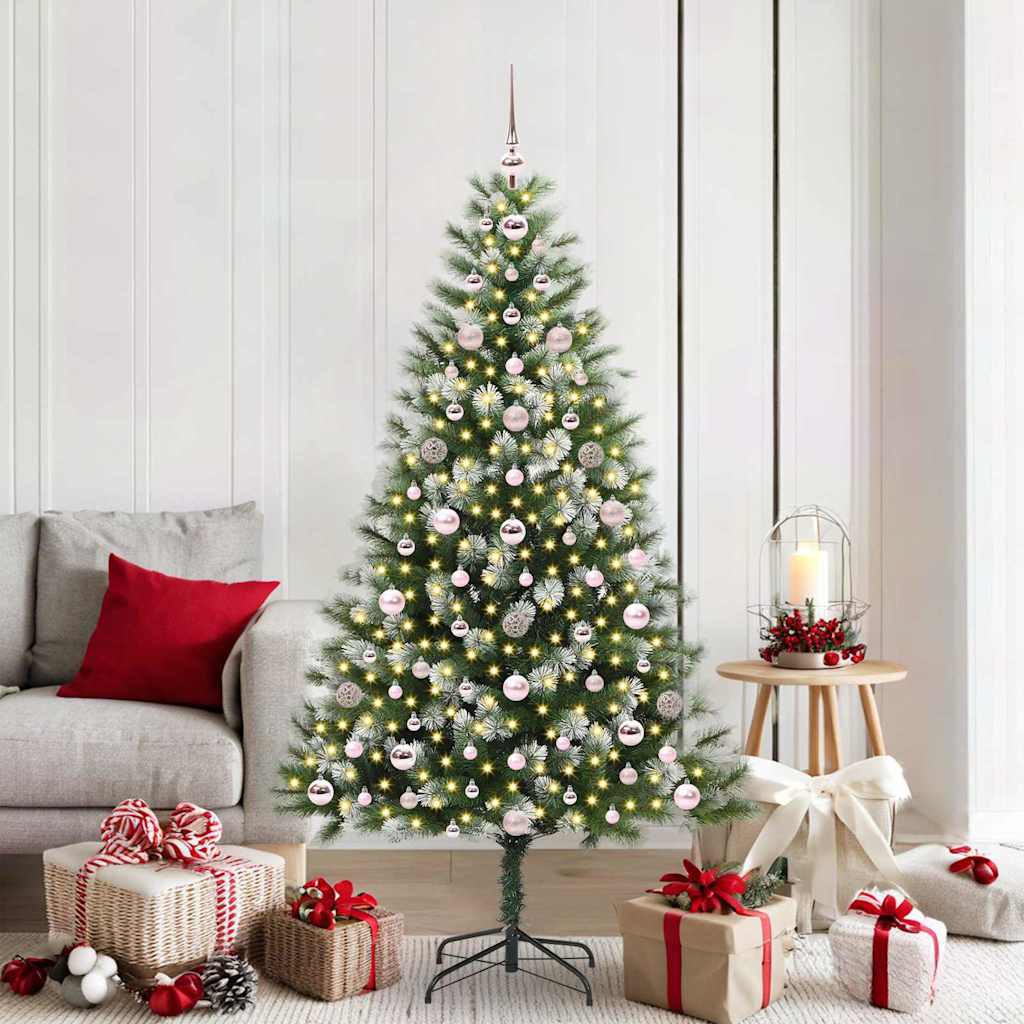 Artificial Hinged Christmas Tree with Flocked Snow 300 LEDs 180 cm with LEDs&pink balls