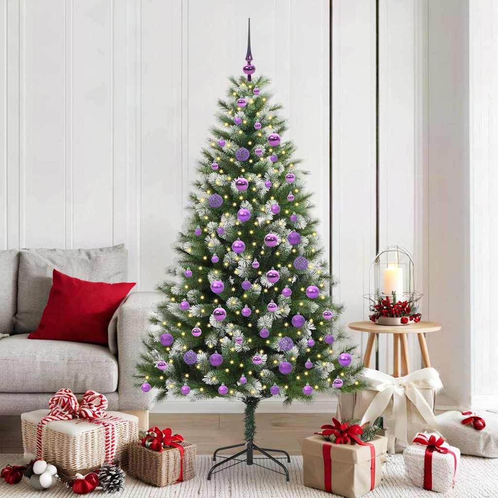 Artificial Hinged Christmas Tree with Flocked Snow 300 LEDs 180 cm with LEDs&lilac balls