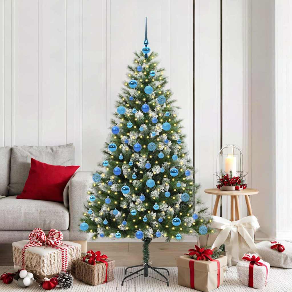 Artificial Hinged Christmas Tree with Flocked Snow 300 LEDs 180 cm with LEDs&blue balls