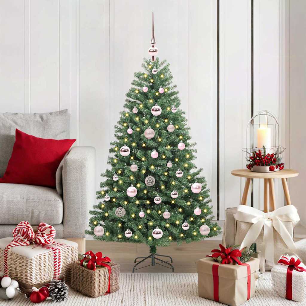 Artificial Hinged Christmas Tree PVC and Metal Green 120 cm with LEDs &pink balls