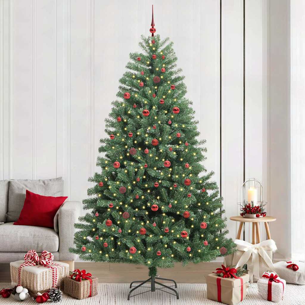 Artificial Hinged Christmas Tree PVC and Metal Green 240 cm with LEDs &red balls