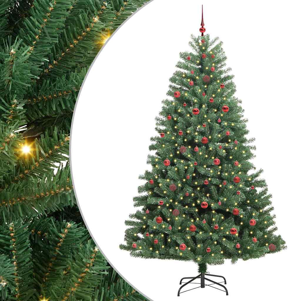 Artificial Hinged Christmas Tree PVC and Metal Green 240 cm with LEDs &red balls