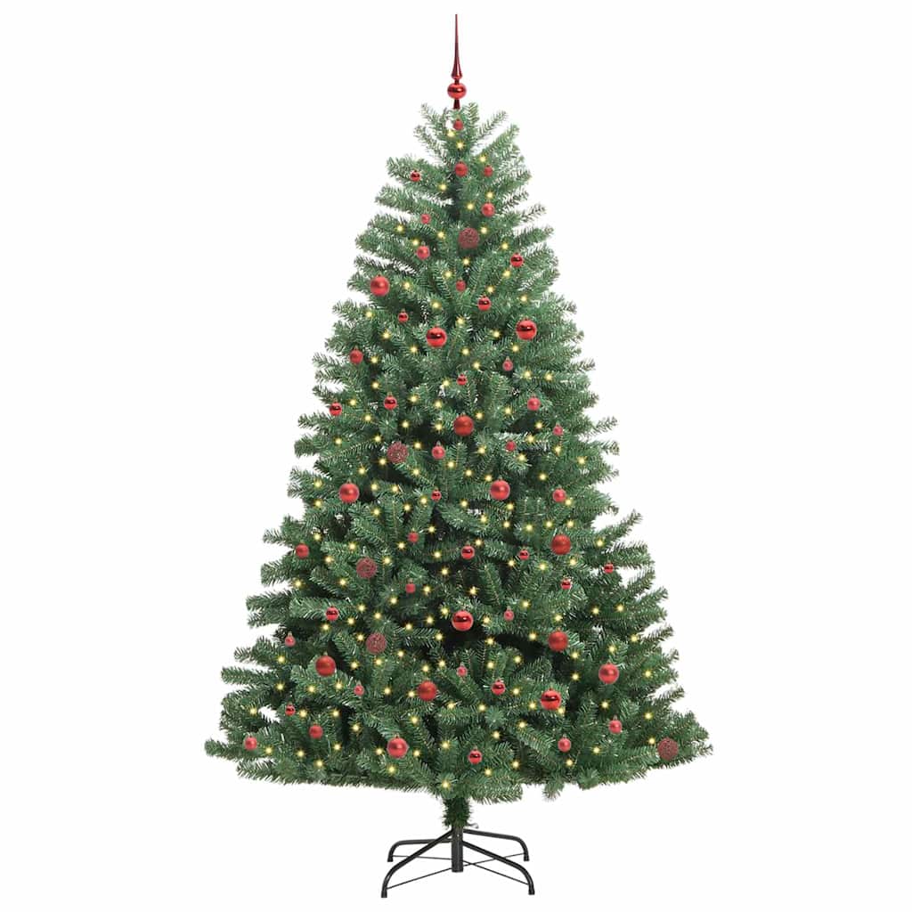 Artificial Hinged Christmas Tree PVC and Metal Green 240 cm with LEDs &red balls