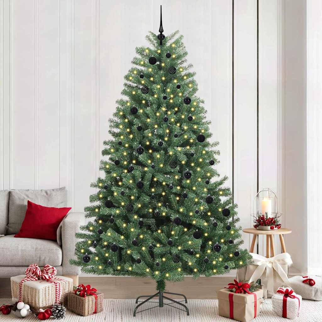 Artificial Hinged Christmas Tree PVC and Metal Green 240 cm with LEDs &black balls