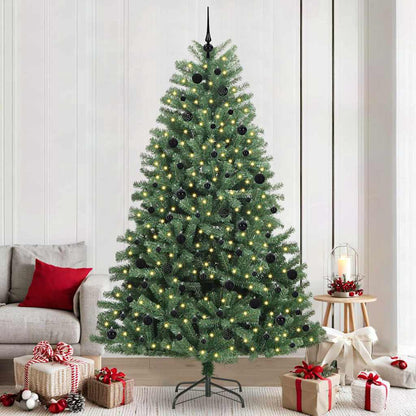 Artificial Hinged Christmas Tree PVC and Metal Green 240 cm with LEDs &black balls