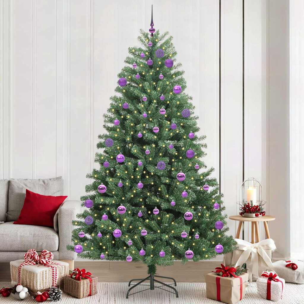 Artificial Hinged Christmas Tree PVC and Metal Green 240 cm with LEDs &lilac balls