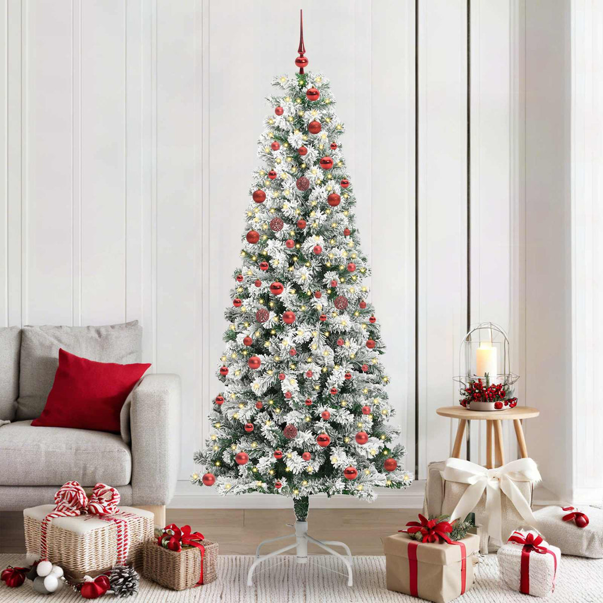 Artificial Hinged Christmas Tree Green and White 210 cm with LEDs &red balls