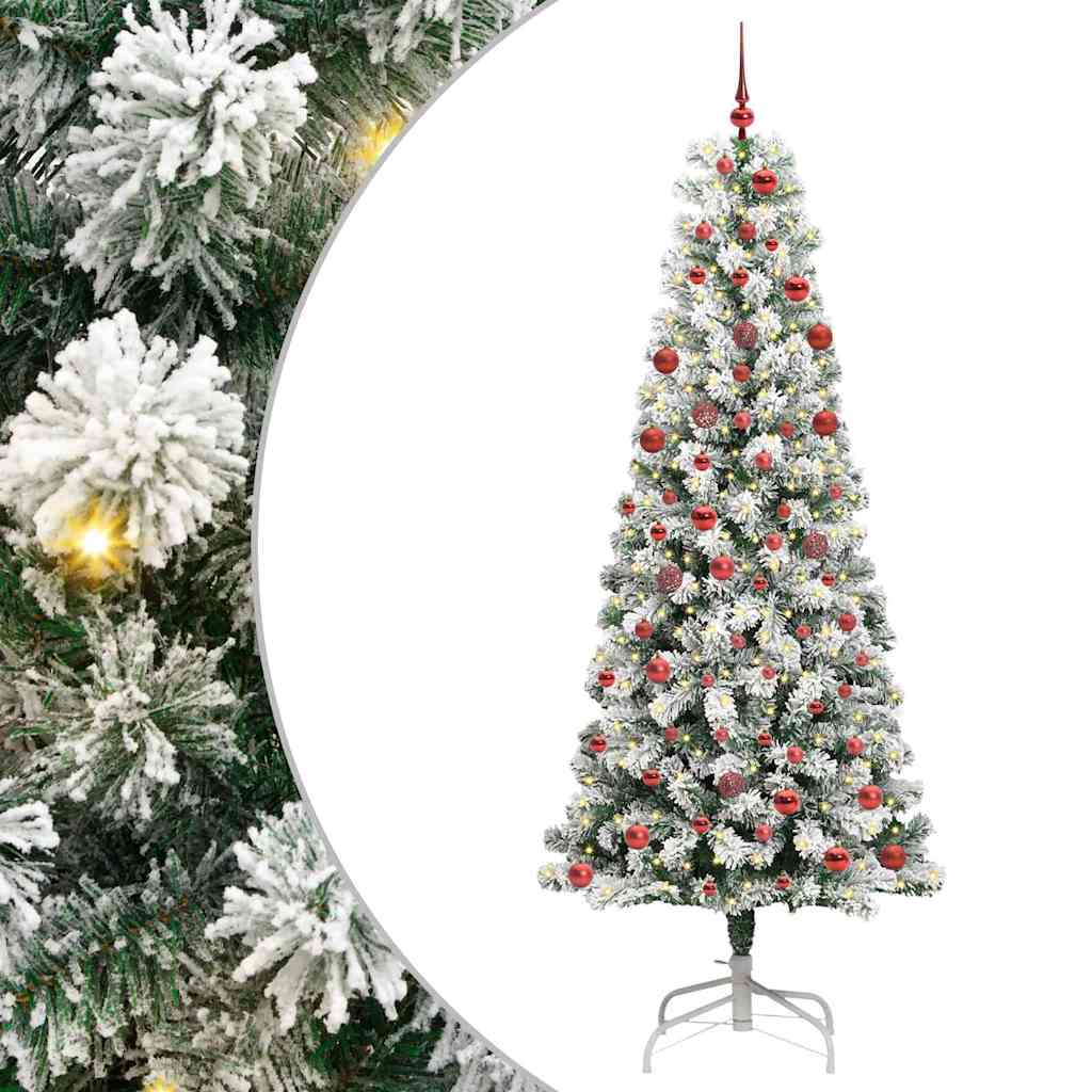 Artificial Hinged Christmas Tree Green and White 210 cm with LEDs &red balls