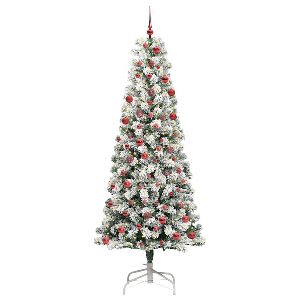 Artificial Hinged Christmas Tree Green and White 210 cm with LEDs &red balls