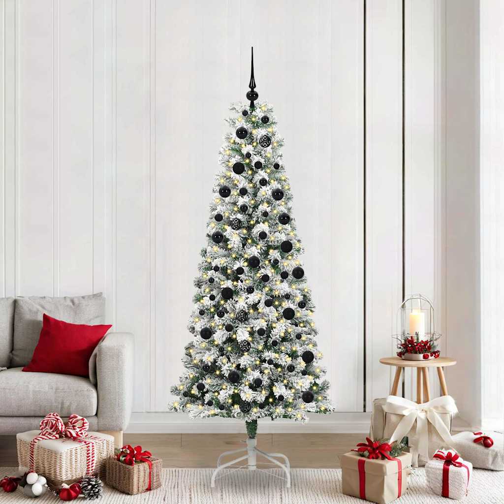 Artificial Hinged Christmas Tree Green and White 210 cm with LEDs &black balls