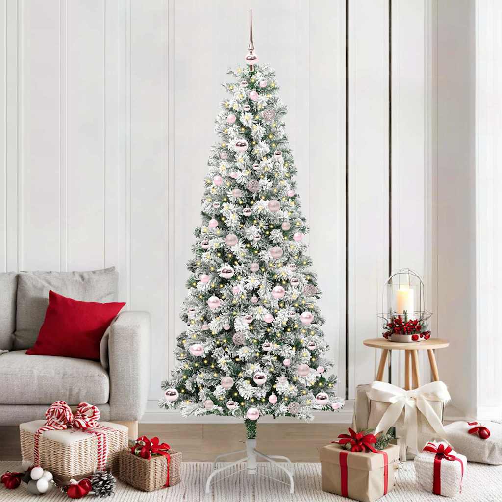 Artificial Hinged Christmas Tree Green and White 210 cm with LEDs &pink balls